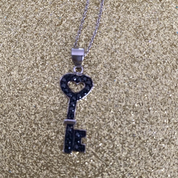 Sterling Silver Sparkling Black Key Necklace Italy - Picture 3 of 6